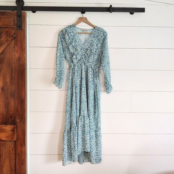 Sunday Up Abstract Print Dress Ruffle Midi Blue Green Sheer Sleeves Size Small - Picture 1 of 9
